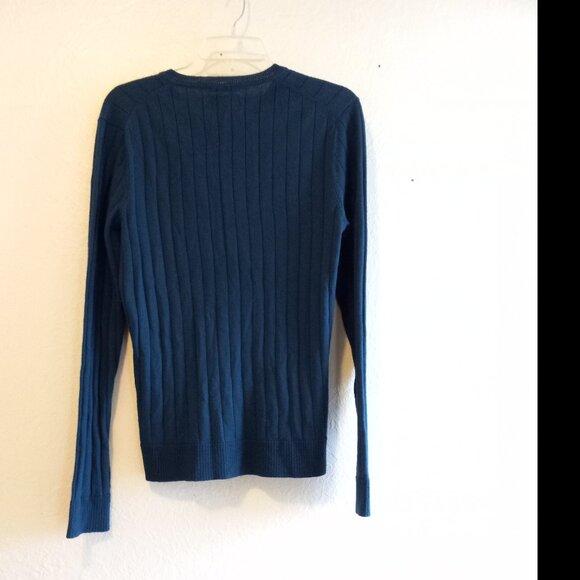 Dark Teal Merino Wool Blend V Neck Sweater 90s Minimalist Academia Classic - Picture 6 of 14